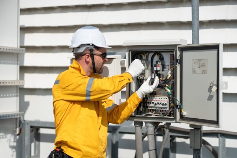 Engineer in safety helmets and yellow jackets inspecting electrical control cabinet