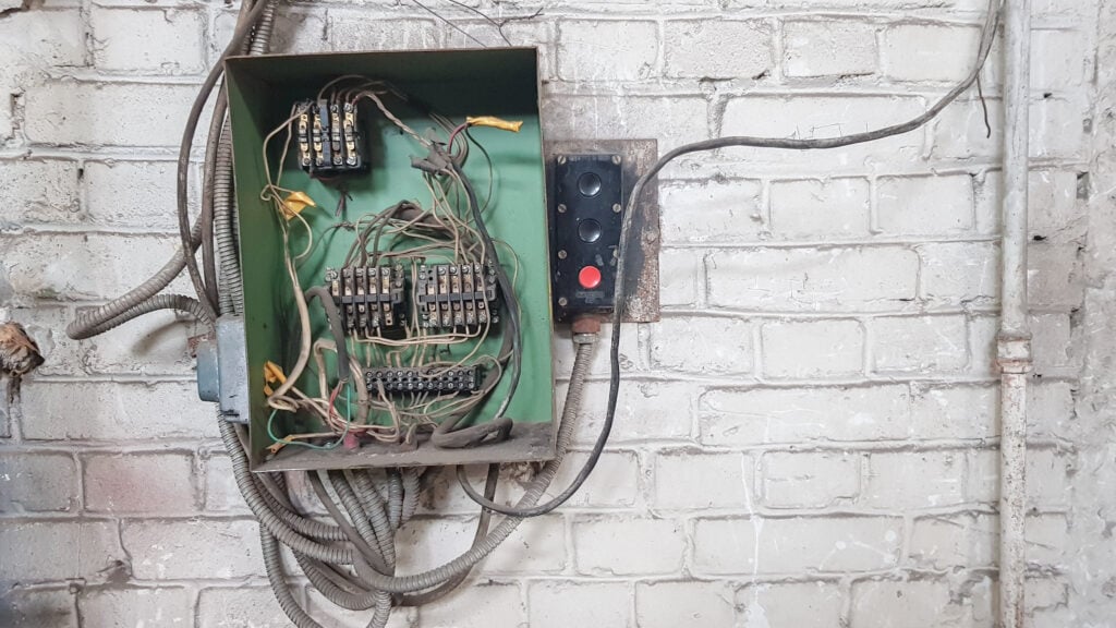 Old electrical panel on the wall of the house.