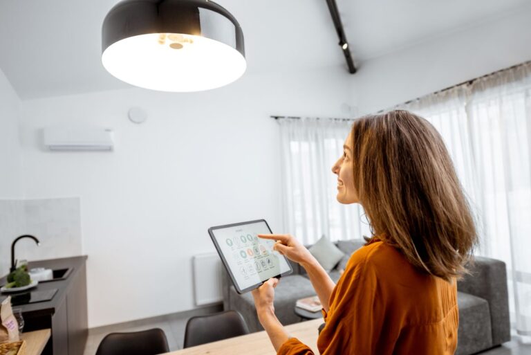 smart electrical panel woman checking light